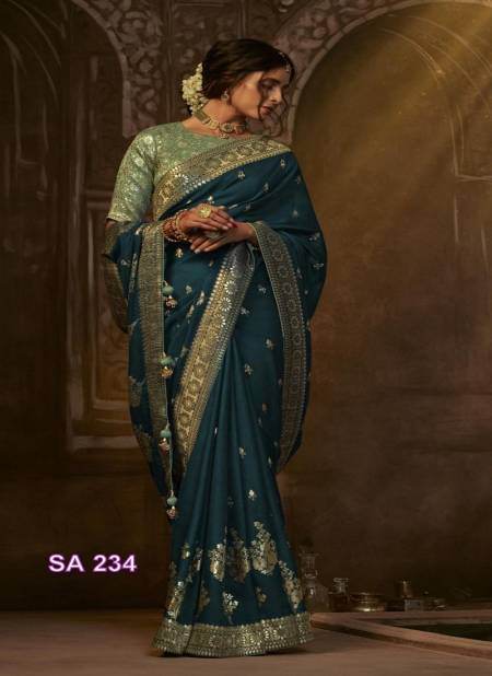 Teal Blue Colour Apsara By Kimora Dola Silk Designer Saree Catalog SA 234