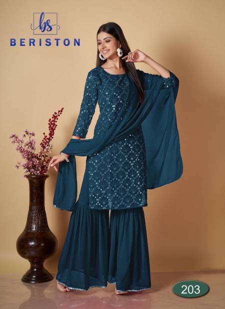Teal Blue Colour BS Vol 2 By Beriston Readymade Salwar Suits Catalog 203