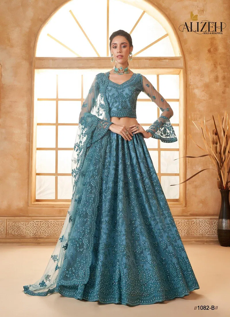 Teal Blue Colour Bridal Heritage Color Saga Vol 3 By Alizeh Party Wear Net Lehenga Choli Wholesale Online 1082-B