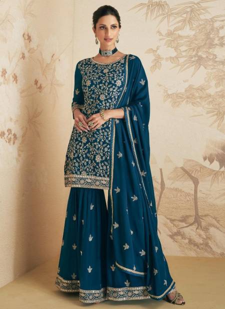 Teal Blue Colour Elan Aashirwad Wedding Wear Wholesale sharara Suits Catalog 9409