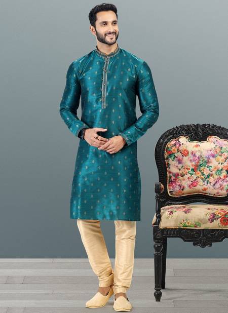 Teal Blue Colour Festive Wear Wholesale Mens Kurta Pajama Catalog 2056