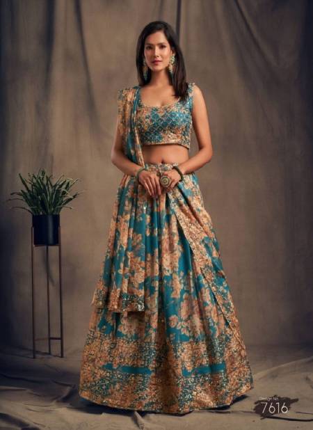 Teal Blue Colour Floral Vol 2 By Zeel 7611 TO 7619 Series Wholesale Party Wear Lehenga Choli Manufacturers 7616