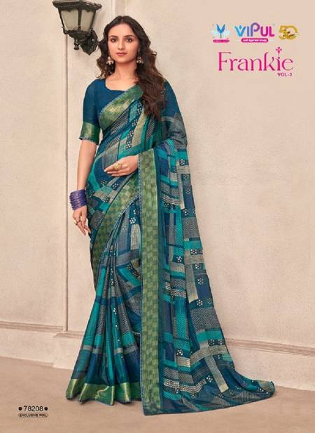 Teal Blue Colour Frankie Vol 3 By Vipul Chiffon Printed Daily Wear Sarees Wholesale Clothing Suppliers in India 78208