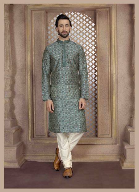 Teal Blue Colour Function Wear Mens Poly Digital Print Kurta Pajama Wholesale Clothing Distributors In India 1611-7
