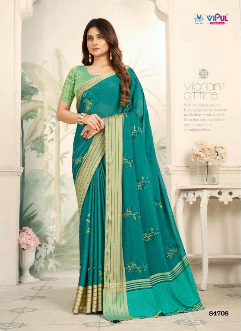 Teal Blue Colour Gulabo By Vipul Weaving Chiffon Saree Surat Suppliers In India 84708