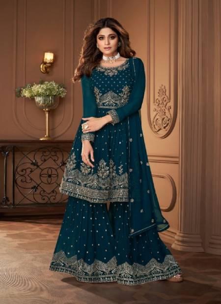 Teal Blue Colour Heroine Gold By Aashirwad Sharara Suit Catalog 8696 A