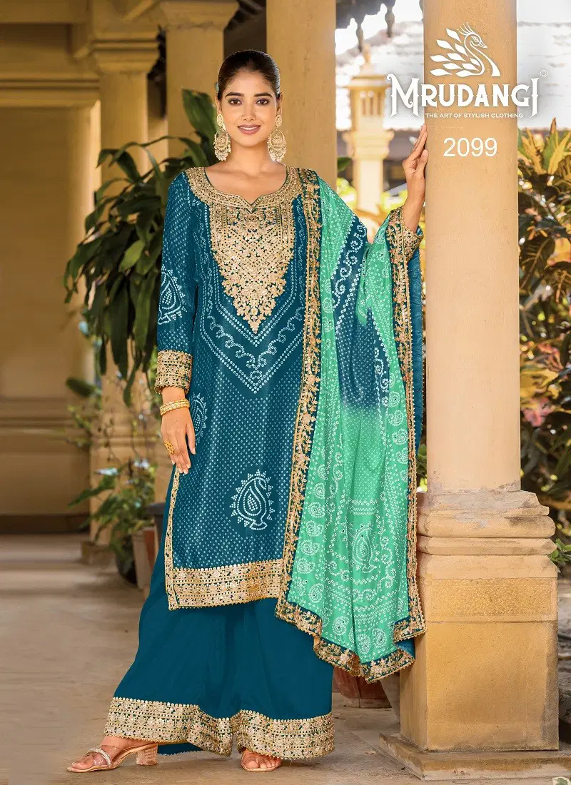 Teal Blue Colour Ishani By Mrudangi Printed Chinon Readymade Suits Wholesale Online 2099