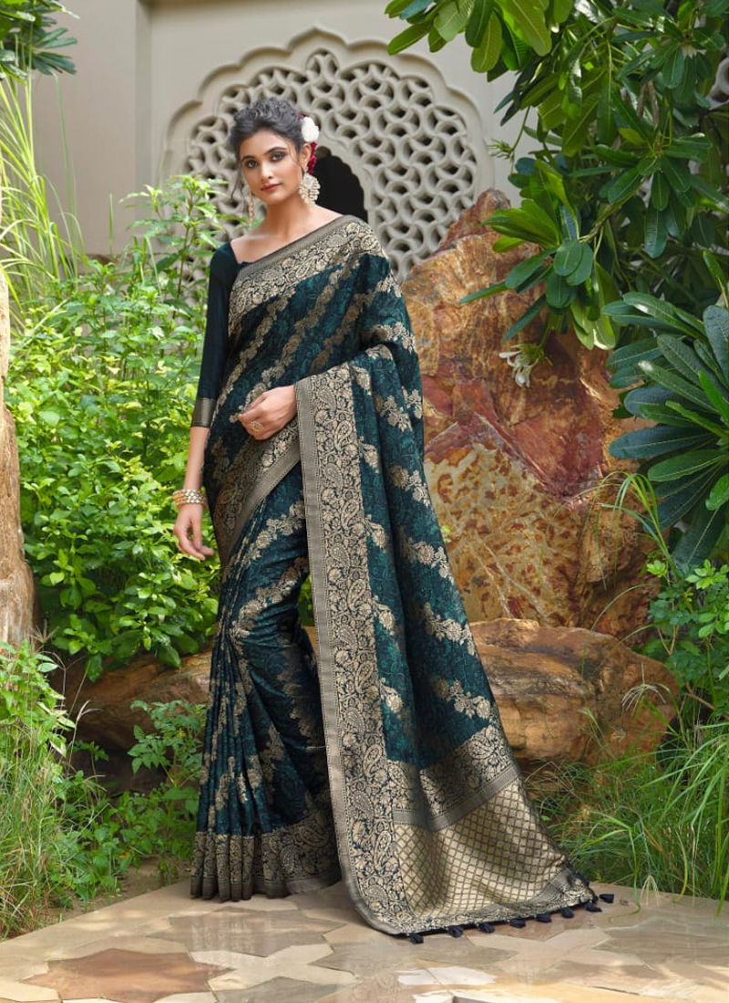 Teal Blue Colour Jabira By Joh Rivaj Silk Saree Catalog 29011