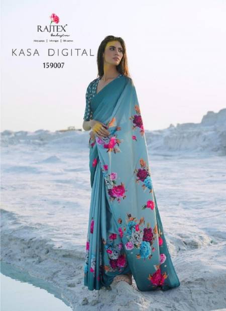Teal Blue Colour Kasa Digital 159001 TO 159009 By Rajtex Satin Crepe Saree Wholesale Market In Surat With Price 159007