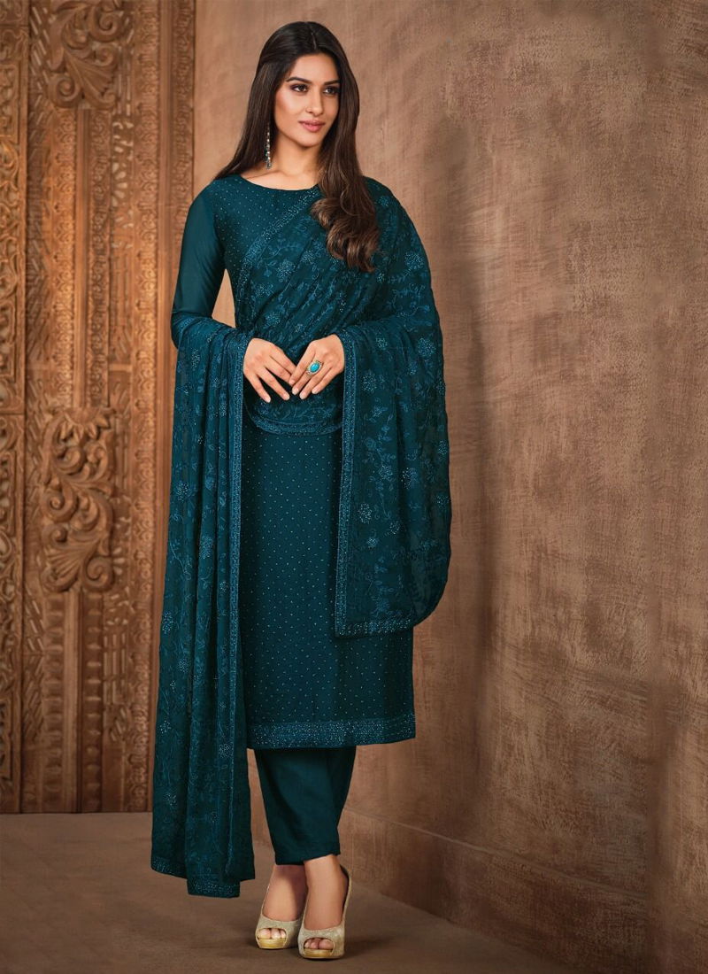 Teal Blue Colour Larissa By Vipul 4801 To 4805 Designer Suits Catalog 4805