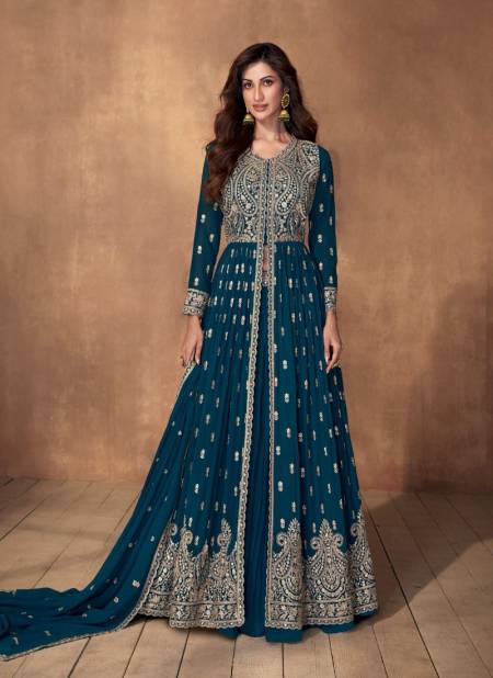 Teal Blue Colour Madhubala By Aashirwad Georgette Designer Readymade Suit Catalog 9848