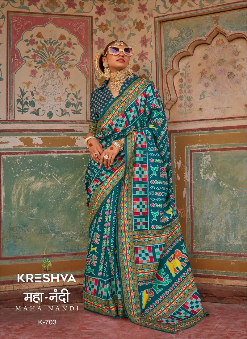 Teal Blue Colour Maha Nandi By Kreshva Silk Printed Saree Wholesale In India K-703