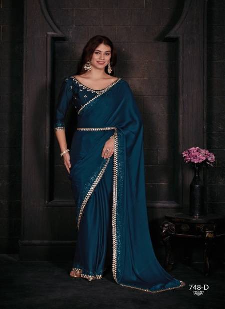 Teal Blue Colour Mehek 748 A TO F Pure Satin Georgette Party Wear Saree Wholesale Price In Surat 748-D