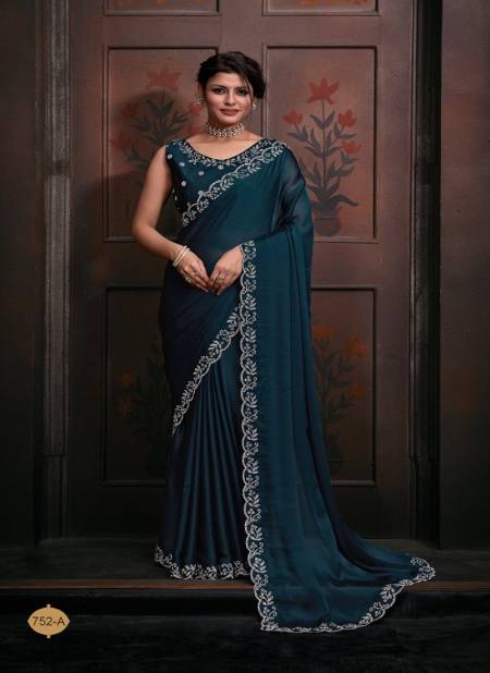 Teal Blue Colour Mehek 752 A TO F Pure Satin Chiffon Party Wear Saree Wholesale Clothing Distributors In India 752-A