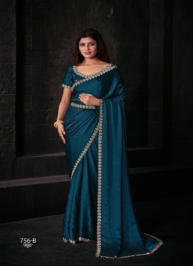 Teal Blue Colour Mehek 756 A To F Pure Satin Georgette Function Wear Saree Wholesale Market In Surat 756 B