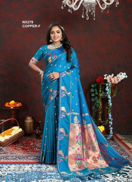 Teal Blue Colour NX279 Copper Colours by Murti Nx Paithani Silk Sarees Wholesale Online NX279 COPPER-F