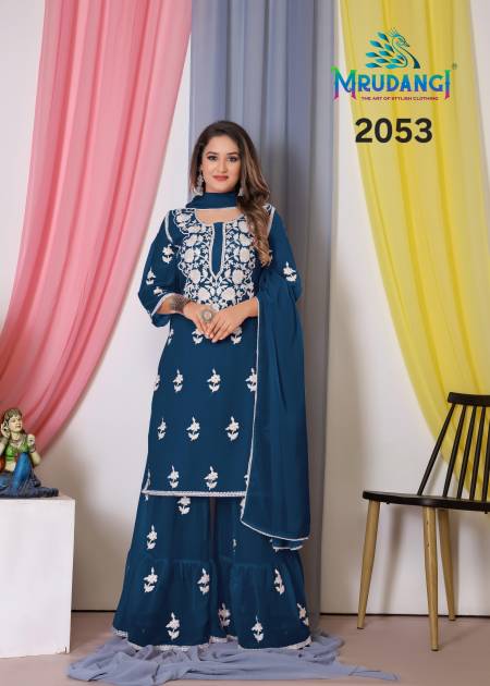 Teal Blue Colour Noor 2 By Mrudangi Georgette Readymade Sharara Suits Wholesale Market In Surat 2053