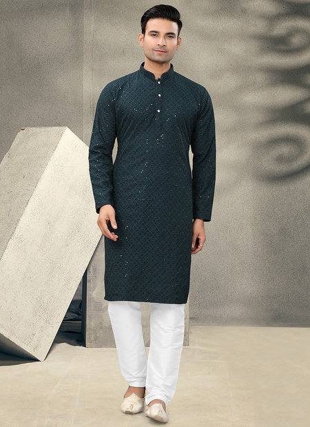 Teal Blue Colour Outluk Vol 112 Festive Wear Mens Kurta Pajama Catalog 112003