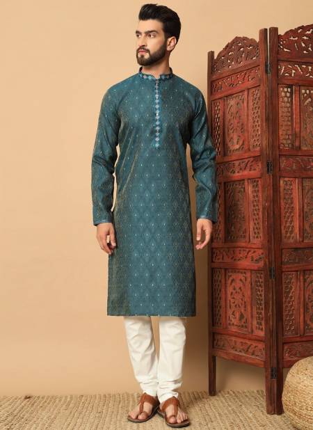 Teal Blue Colour Outluk Vol 131 Jacquard Pintex Mens Wholesale Kurta Pajama Manufacturers 131003