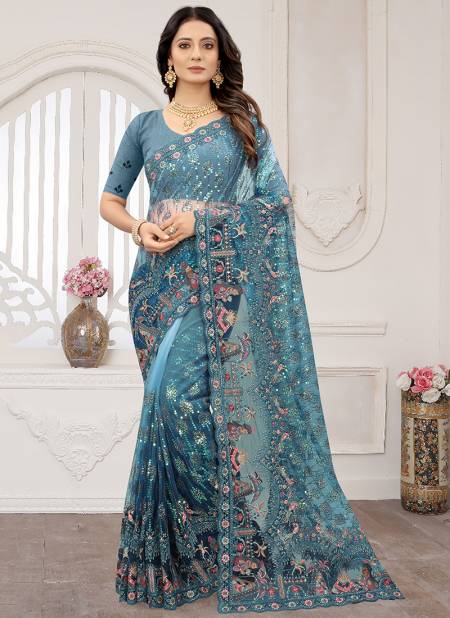 Teal Blue Colour Perfect Glow Nari Fashion Colors Wedding Sarees Catalog 6832