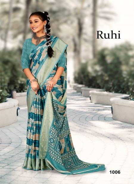 Teal Blue Colour Ruhi By Mahamani 1001 TO 1006 Series Heavy moss Wear Sarees Wholesale Market In Surat 1006