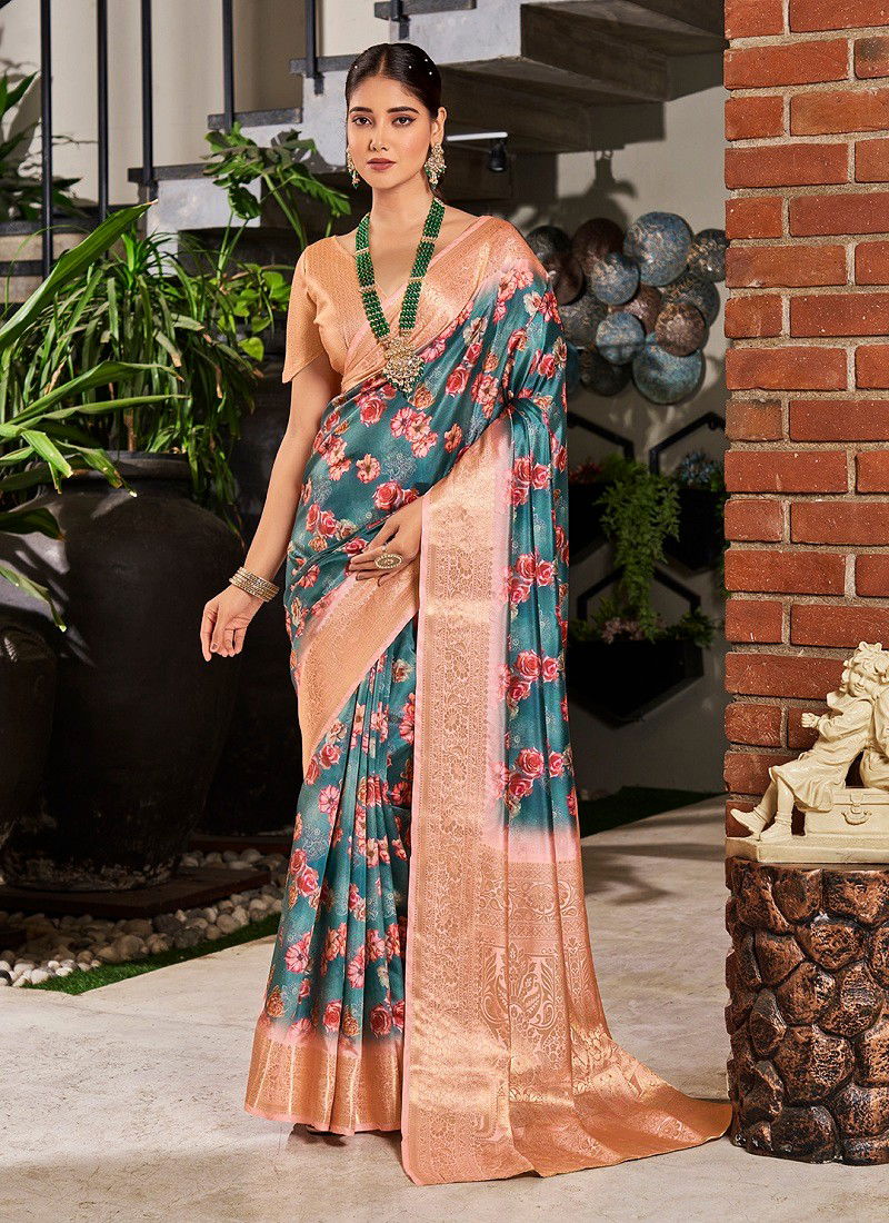 Teal Blue Colour SS 177 Flower Printed Silk Womans Saree Wholesale Market In Surat DS-124