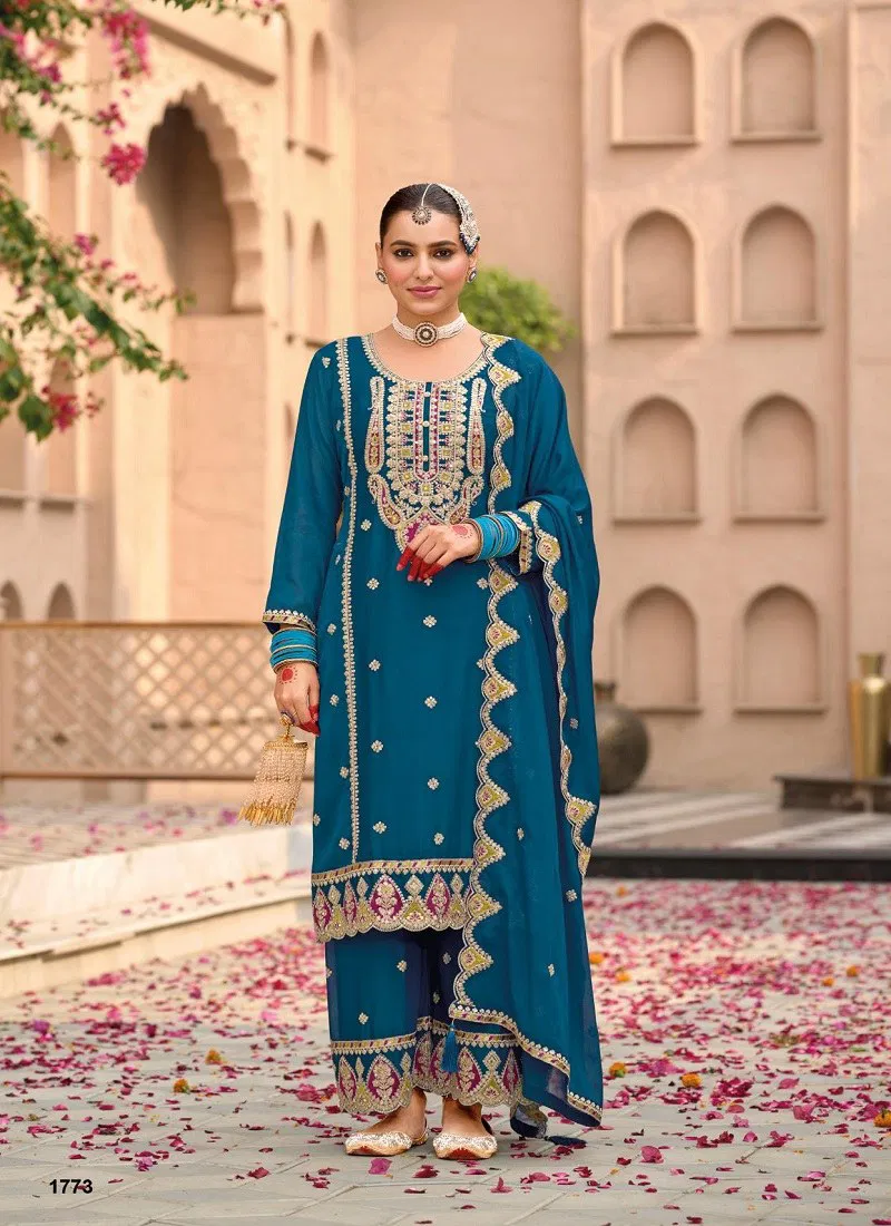 Teal Blue Colour Sahaj By Eba Chinon Wedding wear ReadyMade Suits Exporters In India 1773