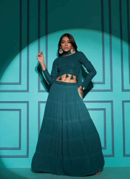 Teal Blue Colour Shubhkala Vol 14 By Khushboo Fashion Party Wear Lehenga Choli Catalog 7105