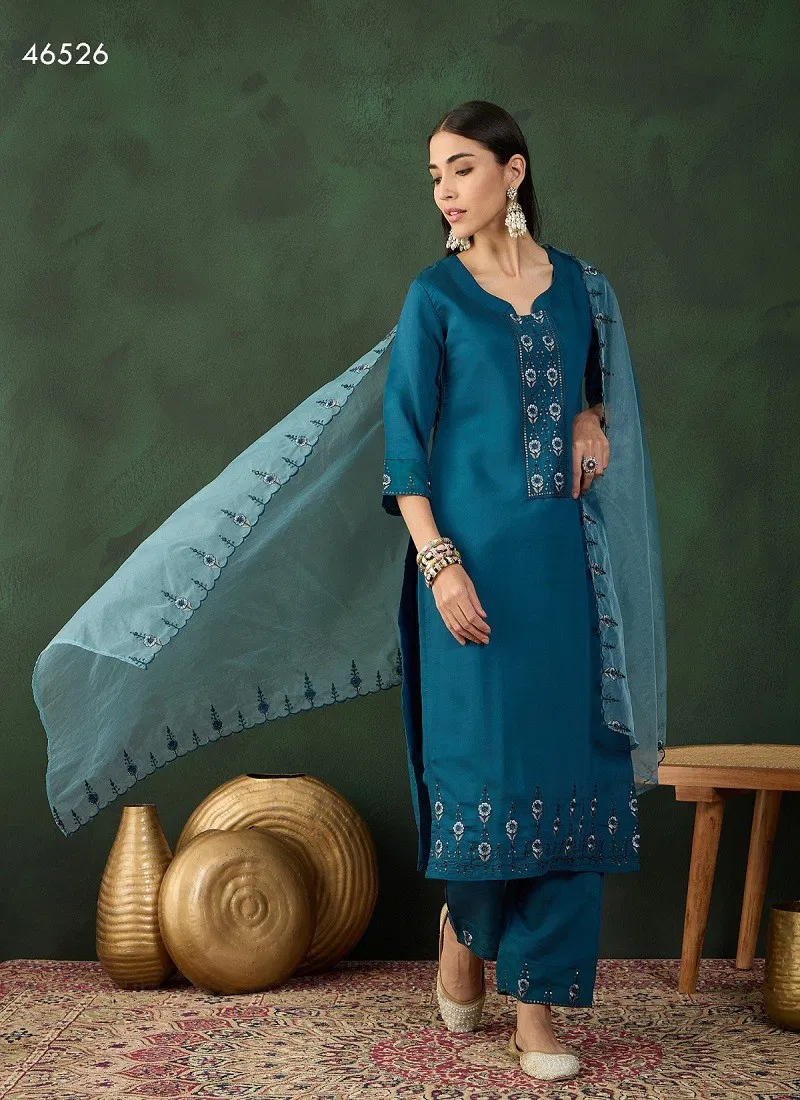 Teal Blue Colour Swapna By Mahotsav Embroidery Kurti With Bottom Dupatta Suppliers In India 46726