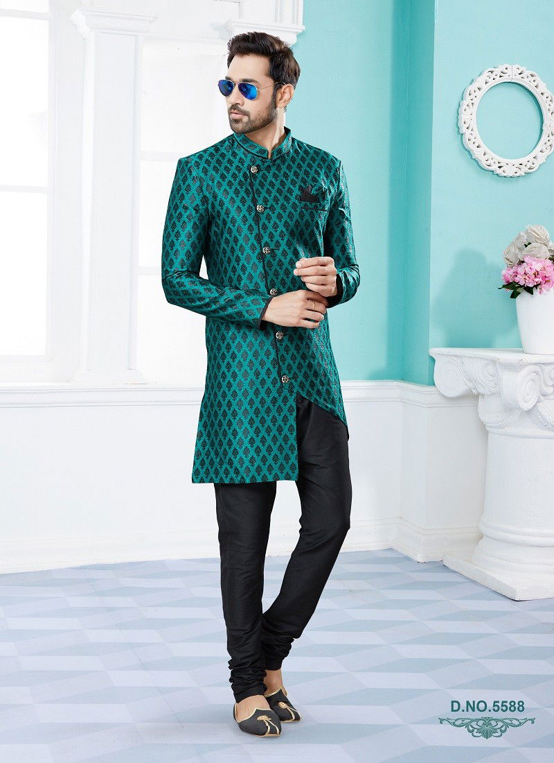 Teal Blue Colour Vol 14 Party Wear Mens Sherwani Wholesale Shop In Surat 5588