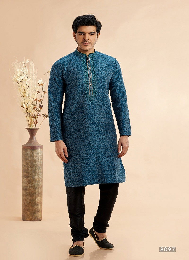 Teal Blue Colour Vol 93 Occasion Wear Jaquard Art Silk Mens Kurta Pajama Wholesale Online 3097