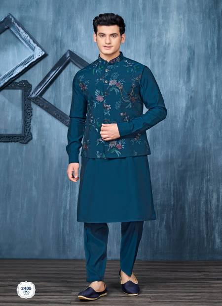 Teal Blue Multi Colour Designer Party Wear Art Embroidered Banarasi Silk Mens Modi Jacket Kurta Pajama Wholesale Online 2405