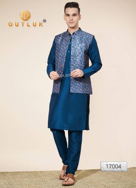 Teal Blue Multi Colour Outluk Wedding Collection Vol 17 Jaquard Mens Modi Jacket Kurta Pajama Exporters In India 17004