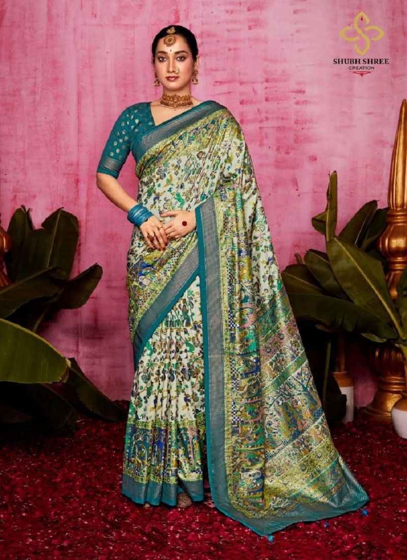 Teal Blue Multi Colour Samarpan By Shubh Shree Velvet Tusser Silk Wholesale Online 1006