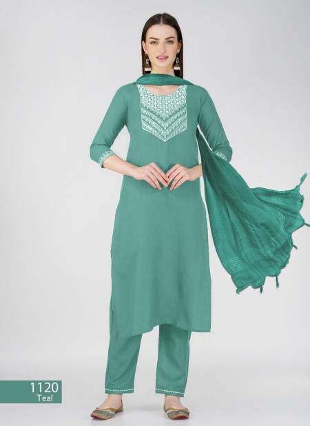 Teal Colour Aaradhna 1120 Cotton Blend Embroidery Kurti With Bottom Dupatta Wholesale Online
