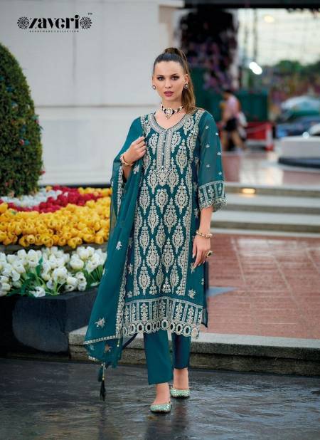 Teal Colour Anaya Vol 2 By Zaveri Organza Embroidery Kurti With Bottom Dupatta Orders In India 1367