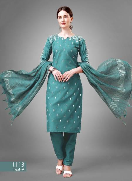 Teal Colour Aradhna Cotton Blend With Embroidery Kurti Bottom With Dupatta Catalog 1113 I