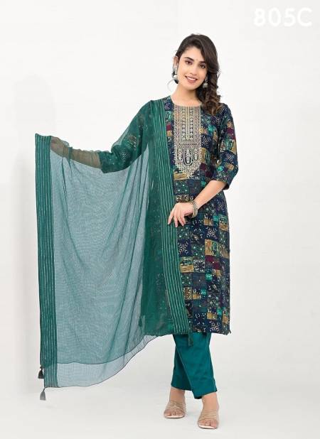 Teal Colour Label Khoj 805 A To 805 C Model Kurti With Bottom Dupatta Exporters In India 805C