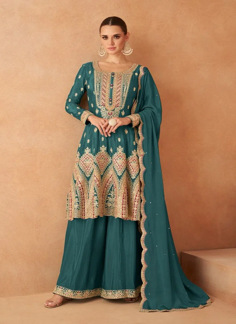 Teal Colour Maahi By Gulkayra Chinon Readymade Suits Exporters In India 7451-C