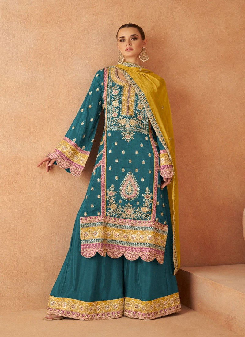 Teal Colour Pari By Gulkayra Chinon Embroidery Readymade Suits Orders In India 7450-B