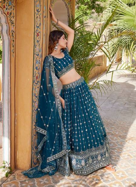 Teal Colour SS 158 Wedding Wear Embroidery Soft Net Lehenga Choli Exporters In India 1874