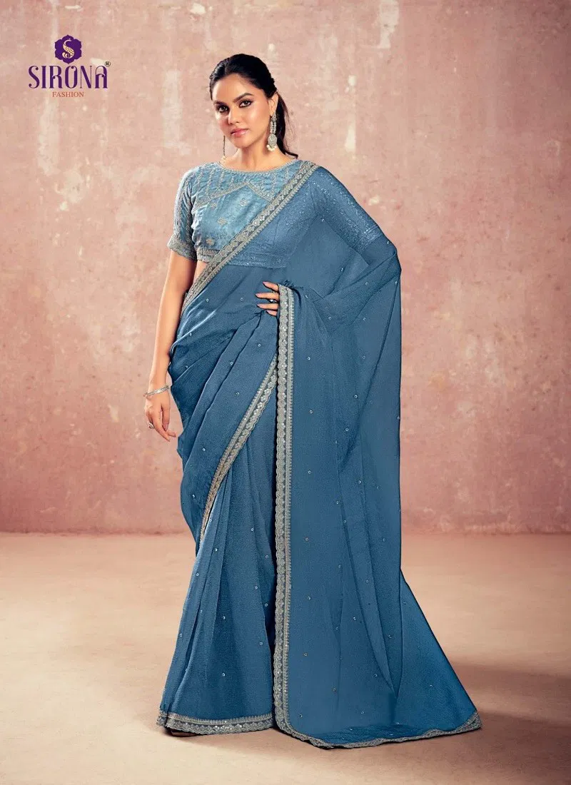 Teal Colour Shamika By Sirona Chiffon Designer Party Wear Sarees Orders In India 1002