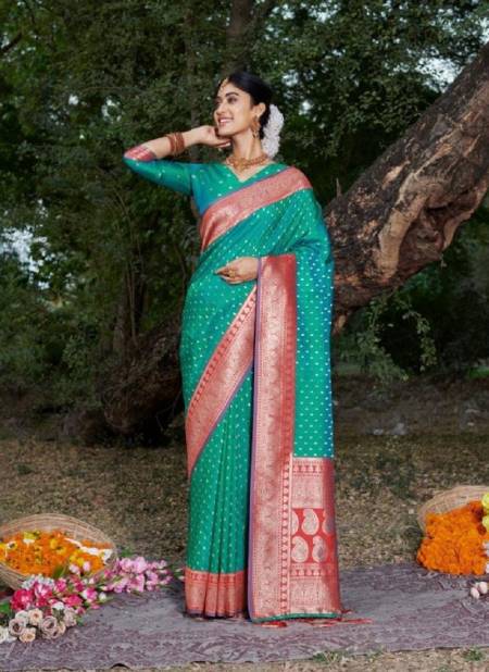 Teal Colour Urvashi Silk By Bunawat Banarasi Silk Printed Saree Wholesale Market In Surat With Price 10510