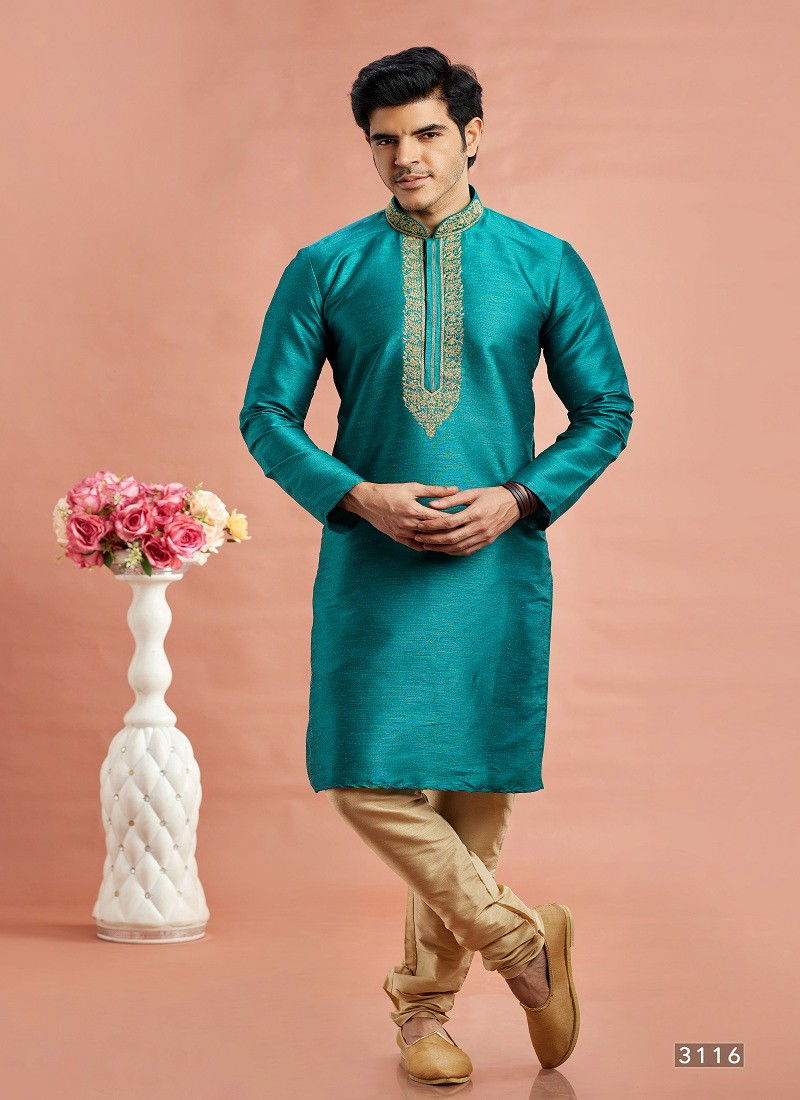 Teal Colour Vol 95 Wedding Wear Banarasi Art Silk Mens Kurta Pajama Surat Wholesale Market 3116