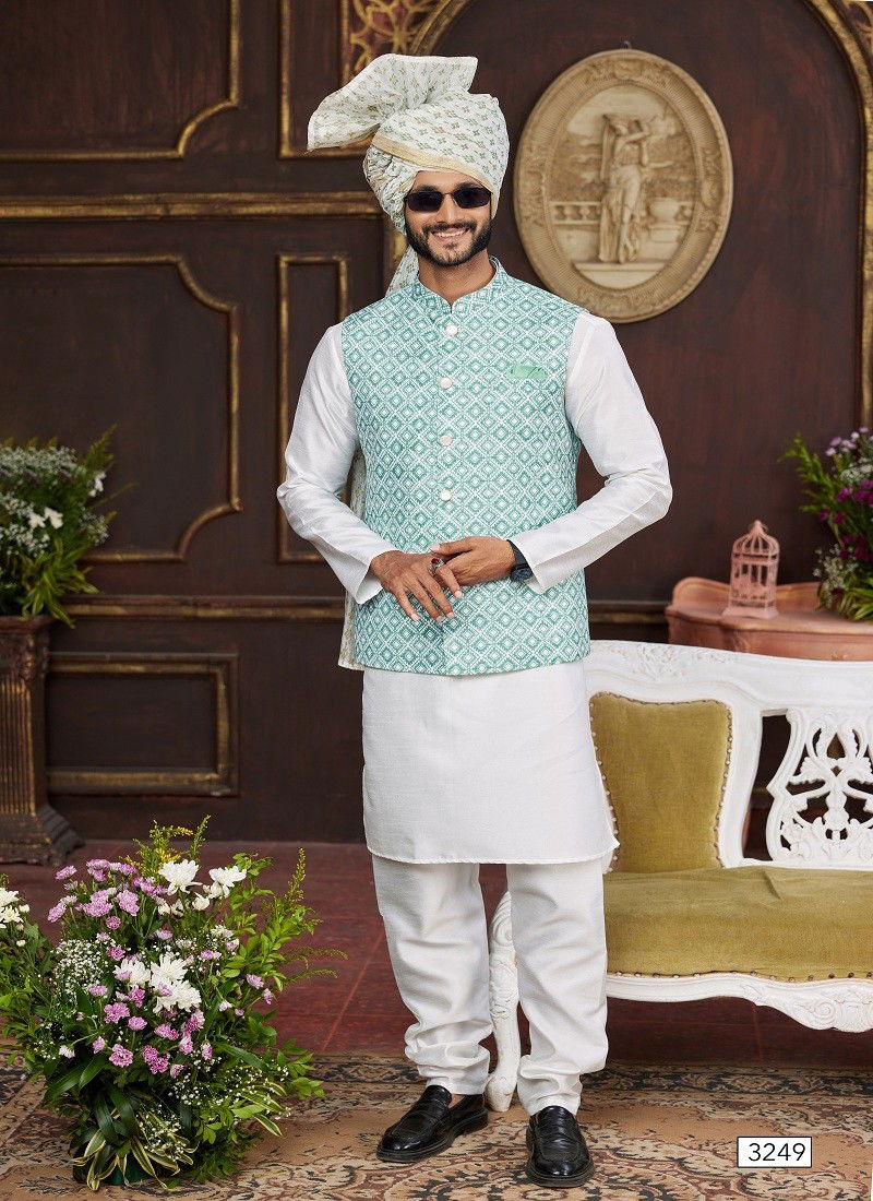 Teal Green Colour 1643 Party Wear Art Banarasi Silk Mens Modi Jacket Kurta Pajama Wholesale Online 3249