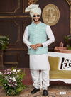 Teal Green Colour 1643 Party Wear Art Banarasi Silk Mens Modi Jacket Kurta Pajama Wholesale Online 3249