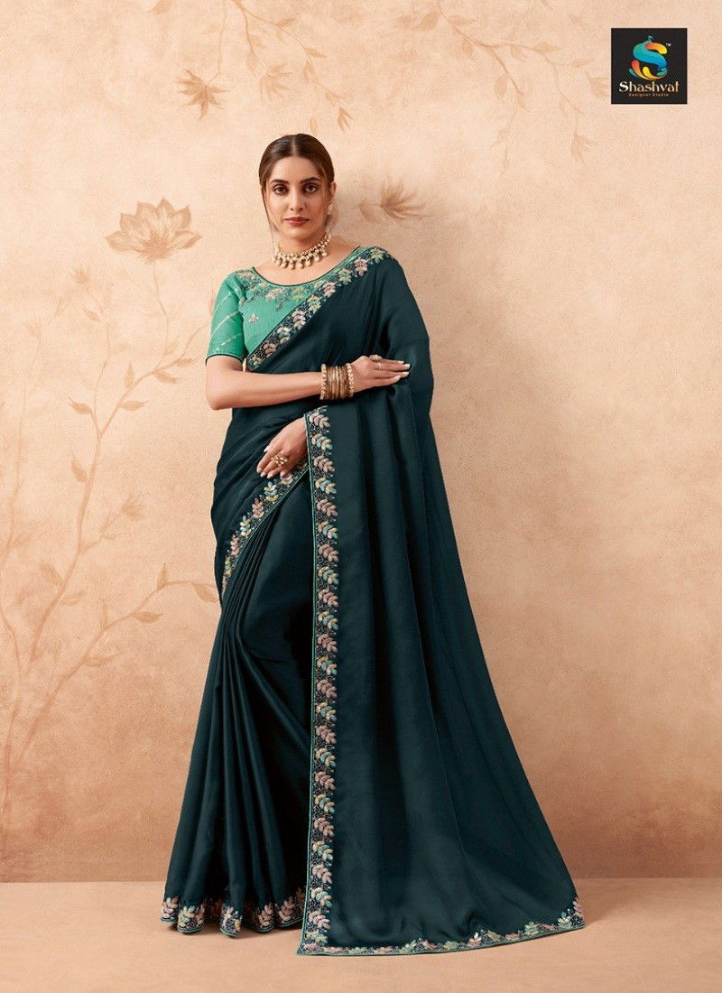 Teal Green Colour Charvi Vol 3 By Shashvat Fancy Embroidery Saree Wholesale In India CV302