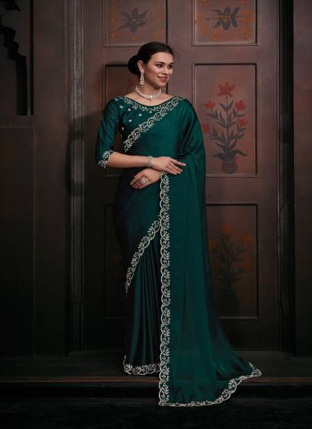 Teal Green Colour Mehek 752 A TO F Pure Satin Chiffon Party Wear Saree Wholesale Clothing Distributors In India 752-C