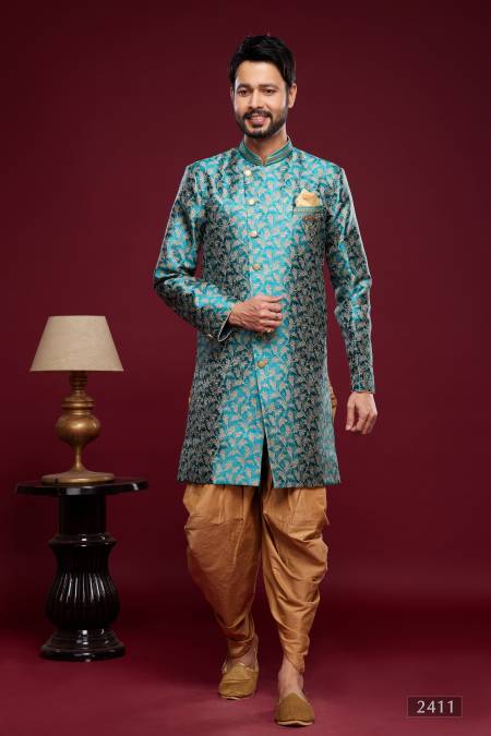 Teal Green Colour Mens Partywear Indo Western Catalog 2411