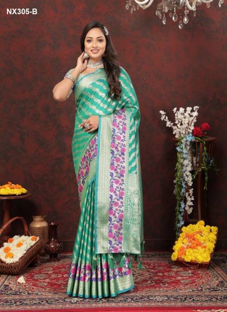 Teal Green Colour NX305-A TO NX305-F by Murti Nx Soft Lichi Silk Sarees Suppliers In India NX305-B